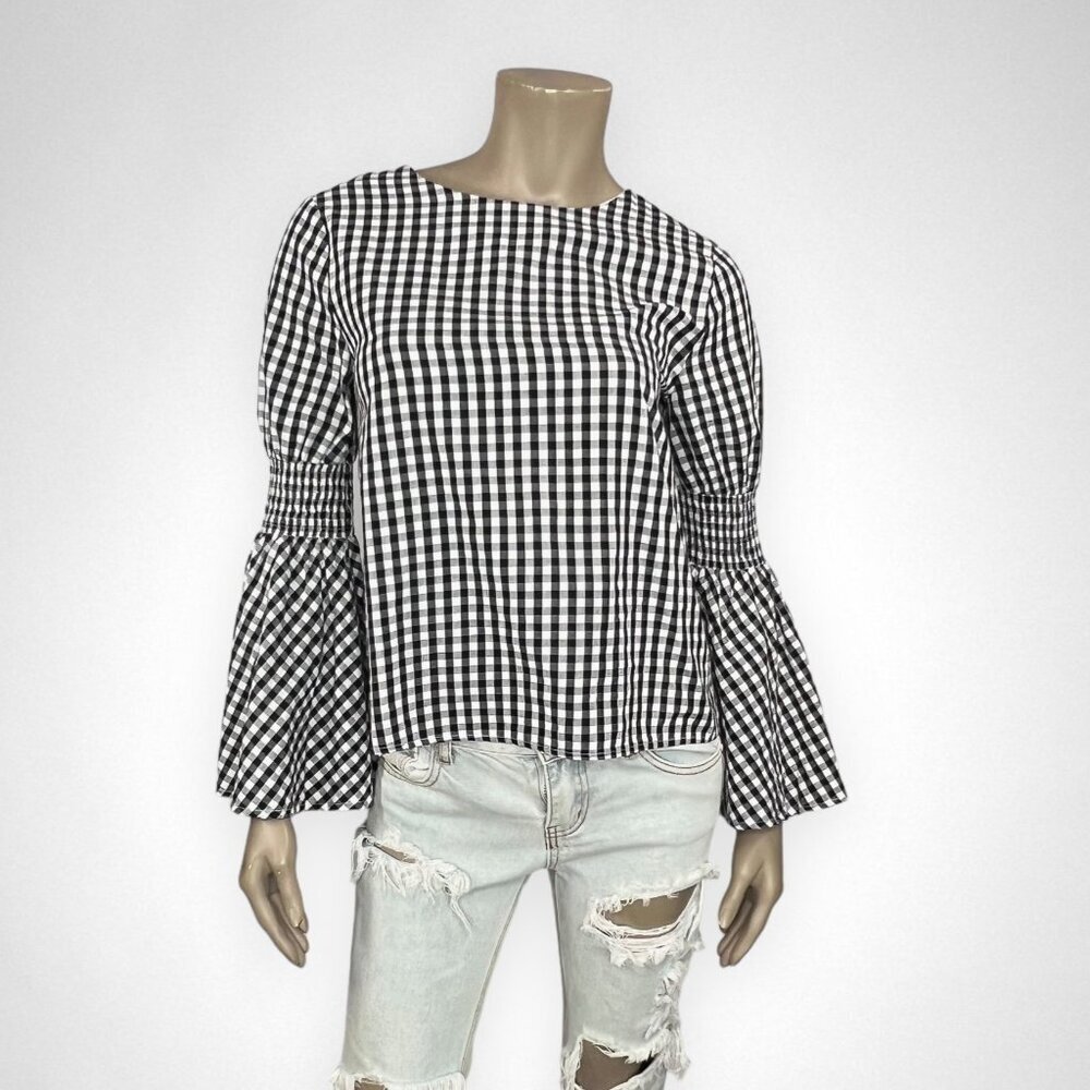 ENGLISH FACTORY‎ Gingham Bell Sleeve Smocked Top S